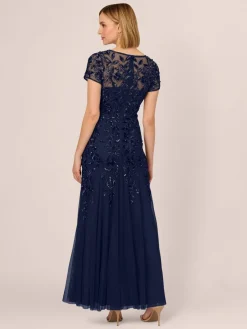 Adrianna Papell Bead Long Dress With Godets Dark Blue Hot