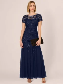Adrianna Papell Bead Long Dress With Godets Dark Blue Hot