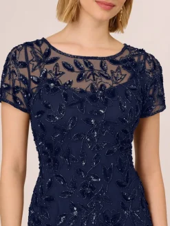 Adrianna Papell Bead Long Dress With Godets Dark Blue Hot