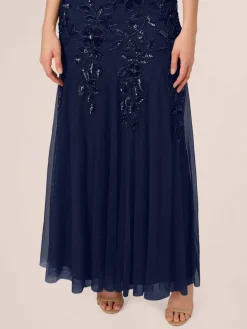 Adrianna Papell Bead Long Dress With Godets Dark Blue Hot