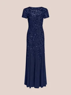 Adrianna Papell Bead Long Dress With Godets Dark Blue Hot
