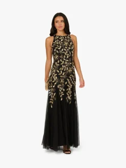 Adrianna Papell Black Halter Bead Godet Dress Outlet