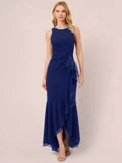 Adrianna Papell Ruffle Crepe Halter Gown Blue Outlet