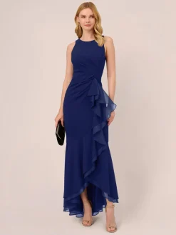 Adrianna Papell Ruffle Crepe Halter Gown Blue Outlet