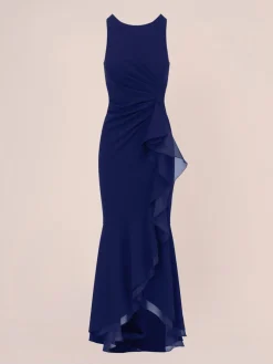 Adrianna Papell Ruffle Crepe Halter Gown Blue Outlet