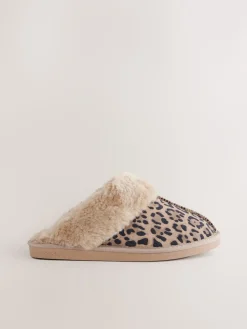 Next Animal Suede Faux Fur Lined Mule Slippers New