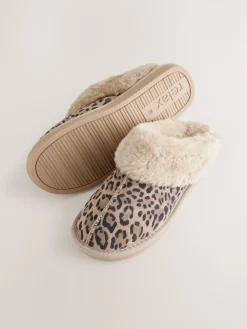 Next Animal Suede Faux Fur Lined Mule Slippers New