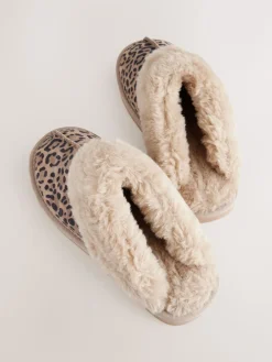 Next Animal Suede Faux Fur Lined Mule Slippers New
