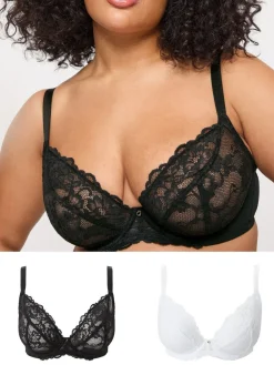 Ann Summers Black & White DD+ Non Pad Plunge Sexy Lace Underwired Bras 2 Pack Black & White Clearance