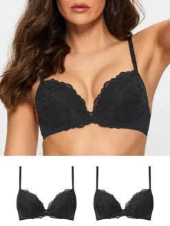 Ann Summers Pad Plunge Sexy Lace Underwired Bras 2 Pack Black Clearance