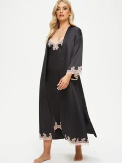 Ann Summers Black Satin Sorella Maxi Robe Dressing Gown Discount