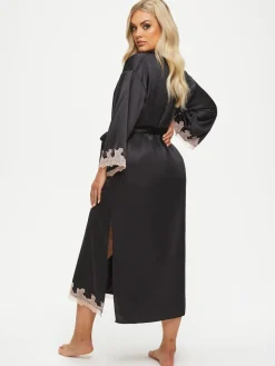 Ann Summers Black Satin Sorella Maxi Robe Dressing Gown Discount