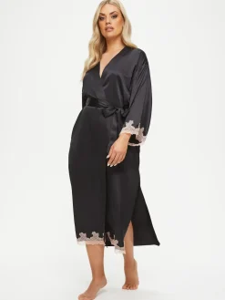 Ann Summers Black Satin Sorella Maxi Robe Dressing Gown Discount