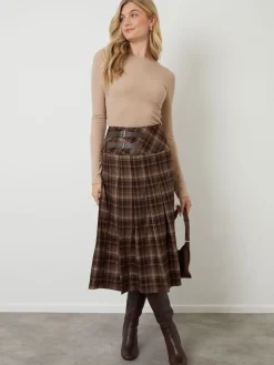 Another Sunday Brown Check Buckle Detail Midi Dress New