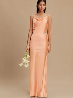 Next Apricot Satin Cowl Neck Wedding Guest Bridesmaid Maxi Dress Hot