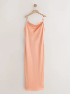 Next Apricot Satin Cowl Neck Wedding Guest Bridesmaid Maxi Dress Hot