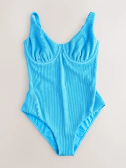 Next Aqua Blue Crinkle Tummy Control DD+ Wired Swimsuit Hot