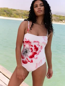 B by Ted Baker Beaded Tummy Control Bandeau White Floral Swimsuit Outlet