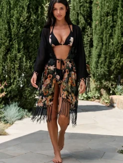 B by Ted Baker Viscose Tassel Kimono Black Koi Floral Cover-Up Best