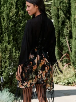 B by Ted Baker Viscose Tassel Kimono Black Koi Floral Cover-Up Best