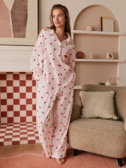 Bath & Body Works Pink/Red All Over Lips Button Through Cotton Pyjamas Set Outlet