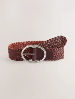Next Wide Leather Belt Berry Red Plaited New