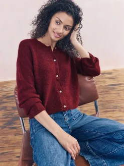 Next Soft Touch Crew Neck Knitted Cardigan With Wool Berry Red