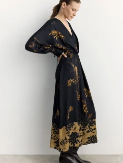 BHOEM Satin Floral Print Kimono Midi Black Dress Hot