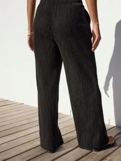 Next Black Crinkle Textured Wide Leg Trousers With Linen New