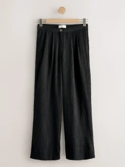 Next Black Crinkle Textured Wide Leg Trousers With Linen New