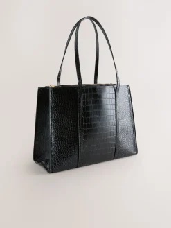 Next Structured Tote Bag Black Croc Effect New