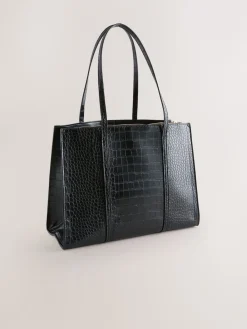 Next Structured Tote Bag Black Croc Effect New