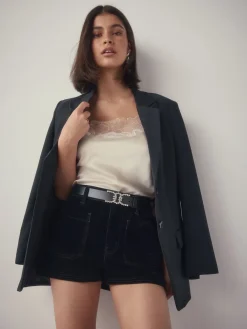 Next Black Diamante Statement Buckle Regular Leather Belt New