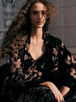 Next Black Floral Print N.Premium Velvet Robe Best