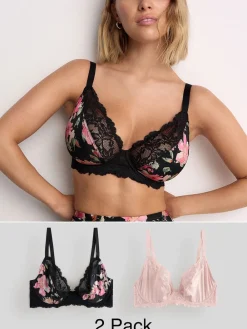 Next Black Floral/Pink DD+ Non Pad Plunge Bras 2 Pack