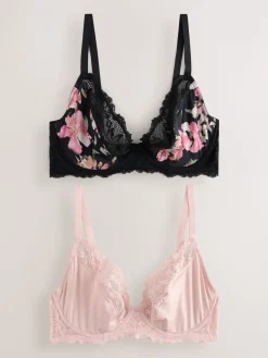 Next Black Floral/Pink DD+ Non Pad Plunge Bras 2 Pack