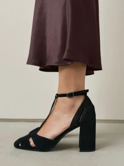 Next Black Forever Comfort® Leather T-Bar Cutout Closed Toe Block Heels Clearance