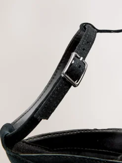 Next Black Forever Comfort® Leather T-Bar Cutout Closed Toe Block Heels Clearance