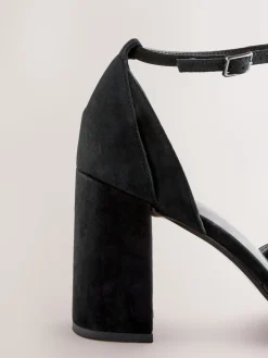 Next Black Forever Comfort® Leather T-Bar Cutout Closed Toe Block Heels Clearance