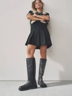 Next Forever Comfort® Leather Round Toe Chunky Knee High Boots Black Outlet