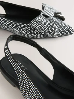 Next Black Heatseal Forever Comfort® Point Toe Bow Slingback Flat Shoes New