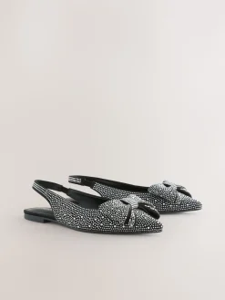 Next Black Heatseal Forever Comfort® Point Toe Bow Slingback Flat Shoes New