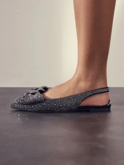 Next Black Heatseal Forever Comfort® Point Toe Bow Slingback Flat Shoes New