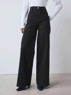 Next High Rise FlexiFit Stretch Pull On Wide Leg Jeans Black Clearance