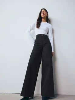 Next High Rise FlexiFit Stretch Pull On Wide Leg Jeans Black Clearance