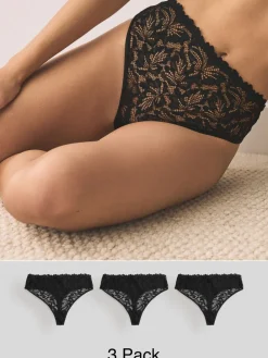 Next High Waisted Thong Lace Front NVPL Knickers 3 Pack Black New