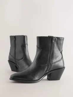 Next Extra Wide Fit Cowboy Block Heel Ankle Boots Black Leather
