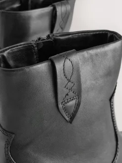 Next Extra Wide Fit Cowboy Block Heel Ankle Boots Black Leather