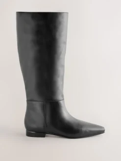 Next Forever Comfort® Flat Chisel Toe Knee High Boots Black Leather Clearance