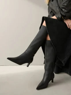 Next Knee High Skinny Heeled Boots Black Leather Sale